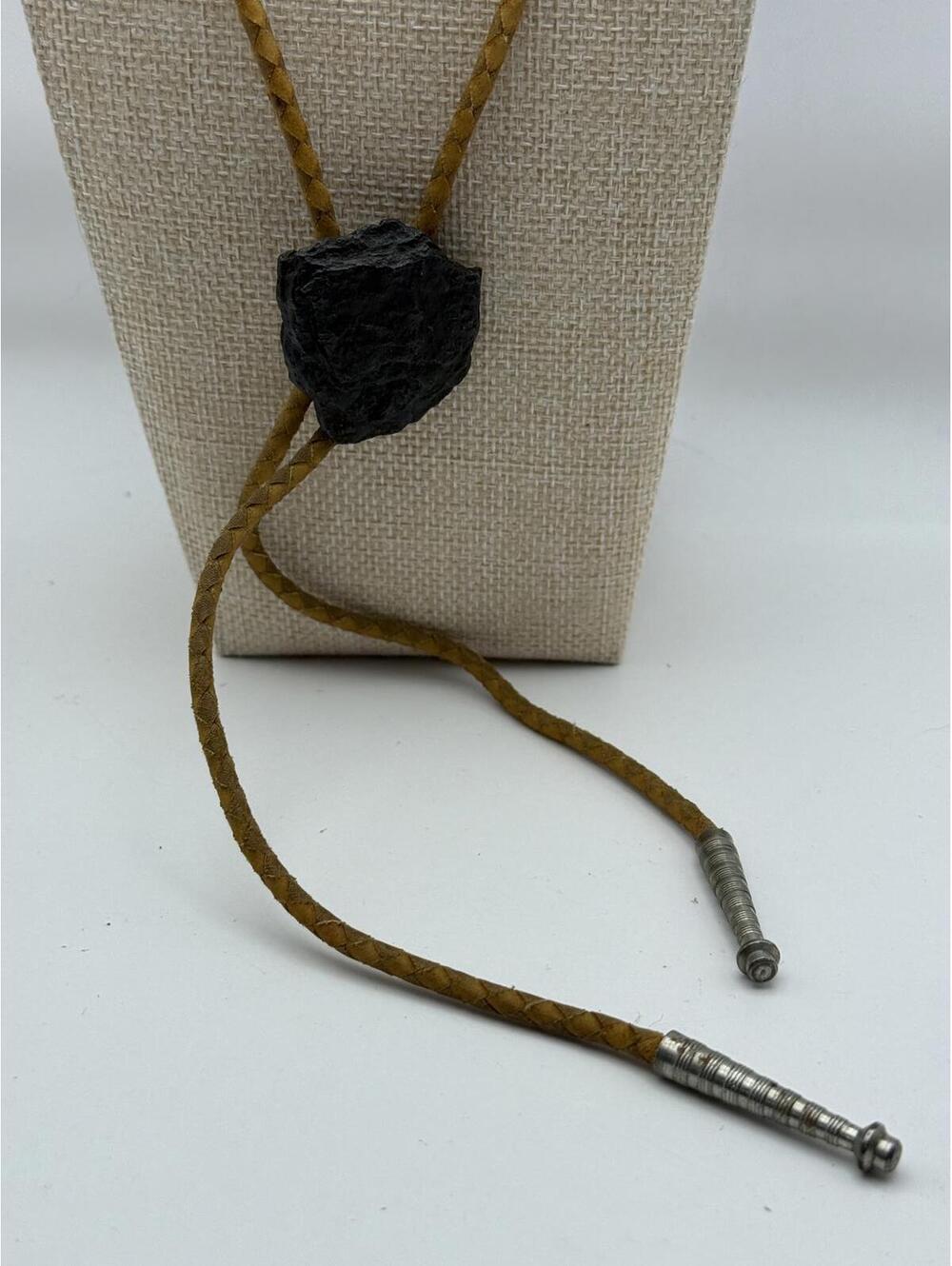 Vintage Braided Leather Bolo Tie with Black Stone Slide - Picture 5 of 7